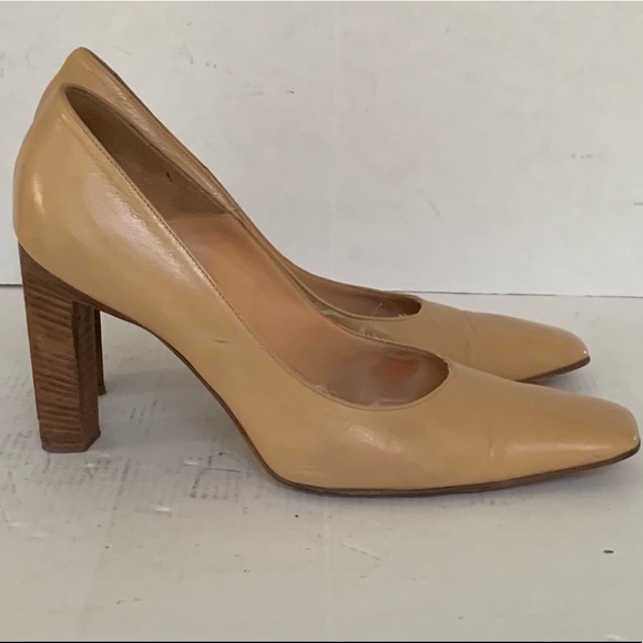 Italian shiny and soft natural tan color leather shoes square block heels Eu 40 - Picture 1 of 8